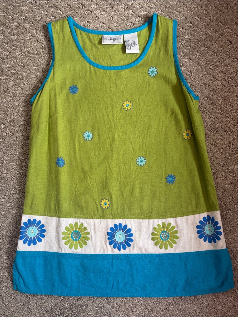 VTG Natural Fiber Linen Blend Green and Blue Retro Flower Tank